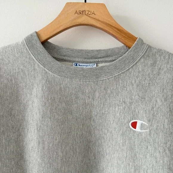 Champion Reverse Weave Cropped Sweatshirt Gray Logo Pullover Small - Picture 7 of 14